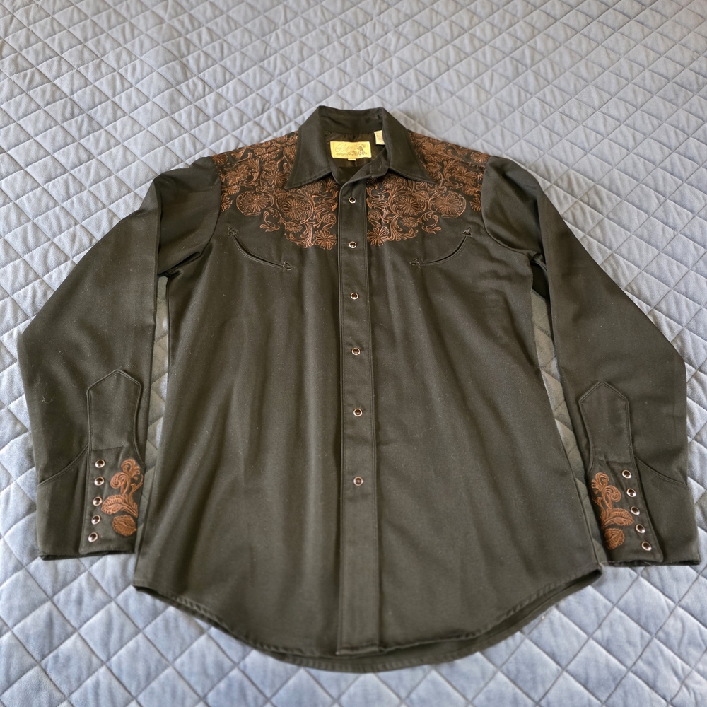 Mens Vintage Black Roper Western Shirt with Exquisite Brown Embroidery